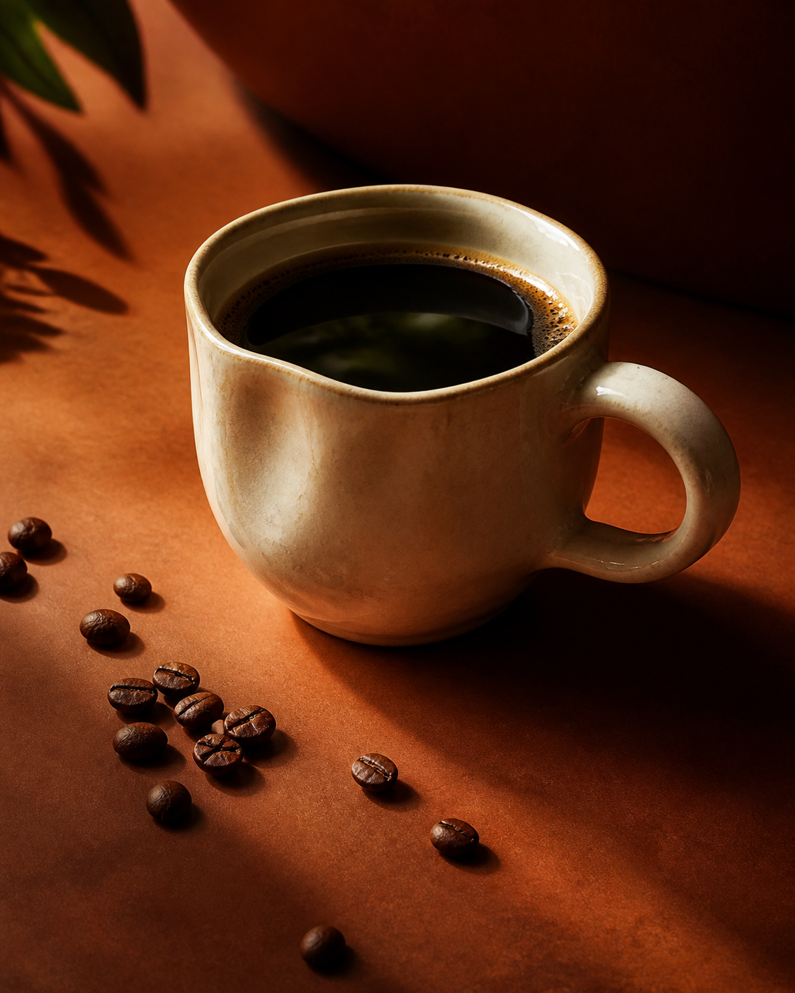 Handmade ceramic cup of black coffee on a warm terracotta table